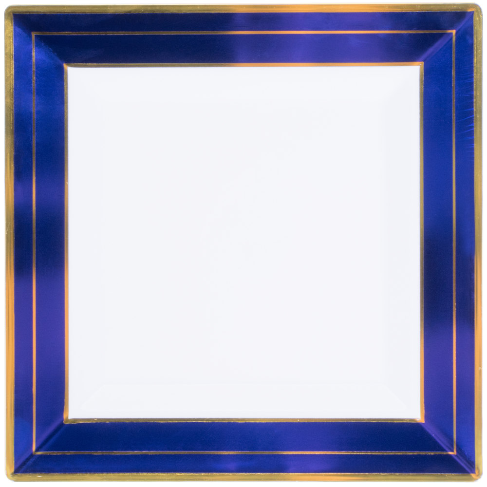 EaMaSy Party 10''Square White Plastic Plate with Blue Rim and Gold Bands