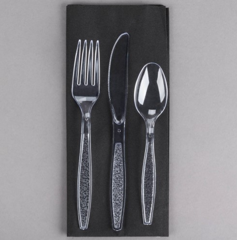 EaMaSy  Party  17" x 17"  Pre-Rolled Linen-Feel Napkin and  Heavy Weight Plastic Cutlery Sets