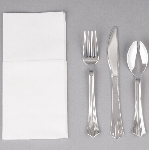 EaMaSy Party  Silver Heavy Weight Plastic Cutlery Set with White Linen-Feel Napkin