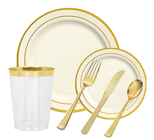 EASY PARTY Bone With Gold Edge Tableware - Grand Wedding Package