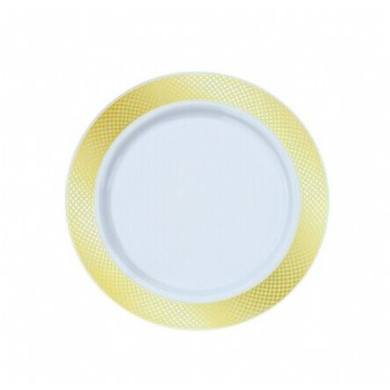 EaMaSy Party 6'' White Plastic Plate with Gold Lattice Design