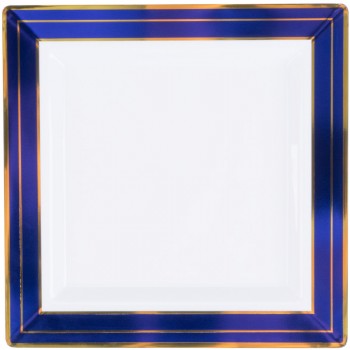 EaMaSy Party 7.25''Square White Plastic Plate with Blue Rim and Gold Bands