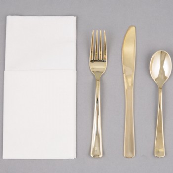 EaMaSy Party Visions Gold Heavy Weight Plastic Cutlery Set with White Linen-Feel Napkin