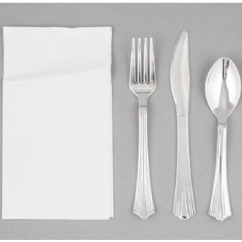 EaMaSy Party Visions Silver Heavy Weight Plastic Cutlery Set with White Pocket Fold Napkin